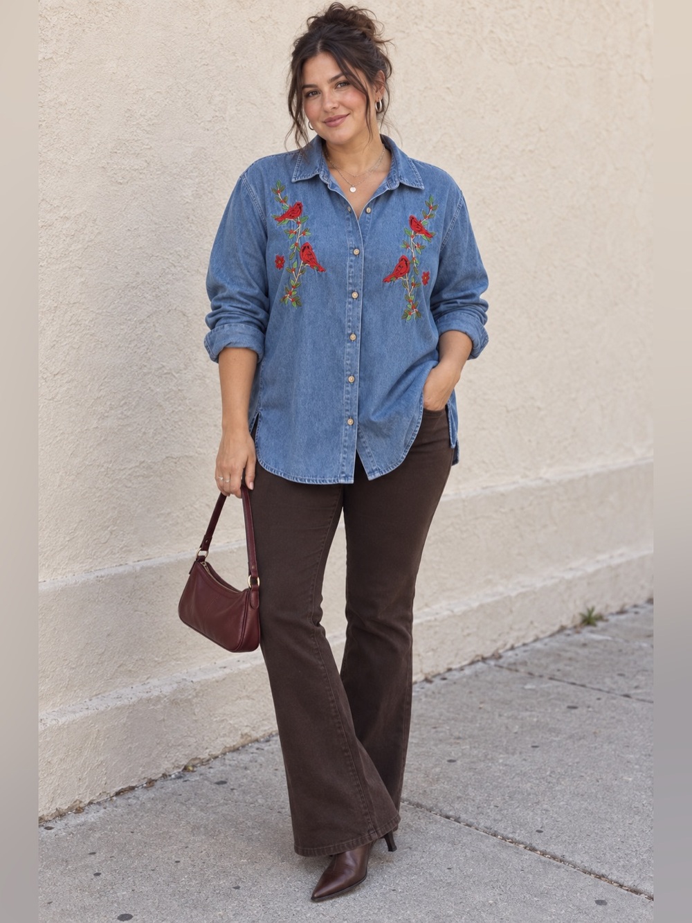 Vintage Denim Button Down Shirt Red Cardinal Embroidery Blue Cotton XL 16-18
